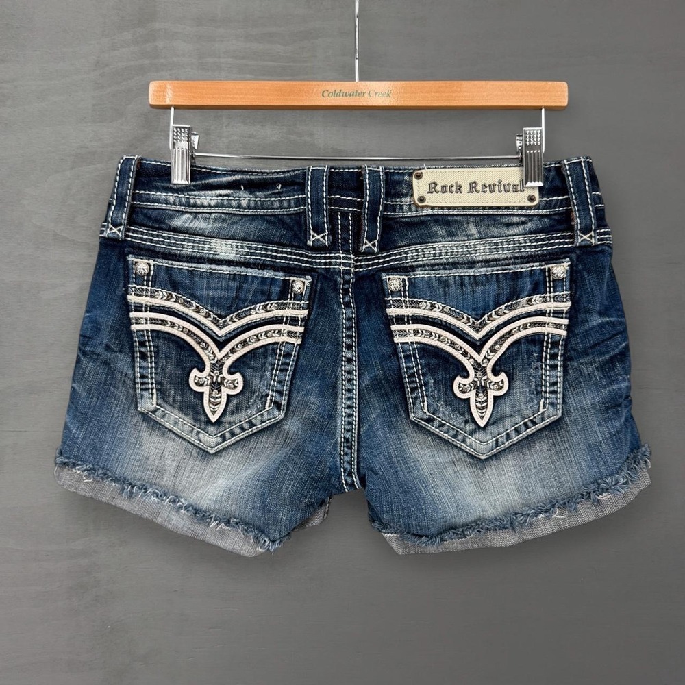 Y2K Rock Revival Glam Denim Shorts Blue Distressed Bling Fleur De Lis 29